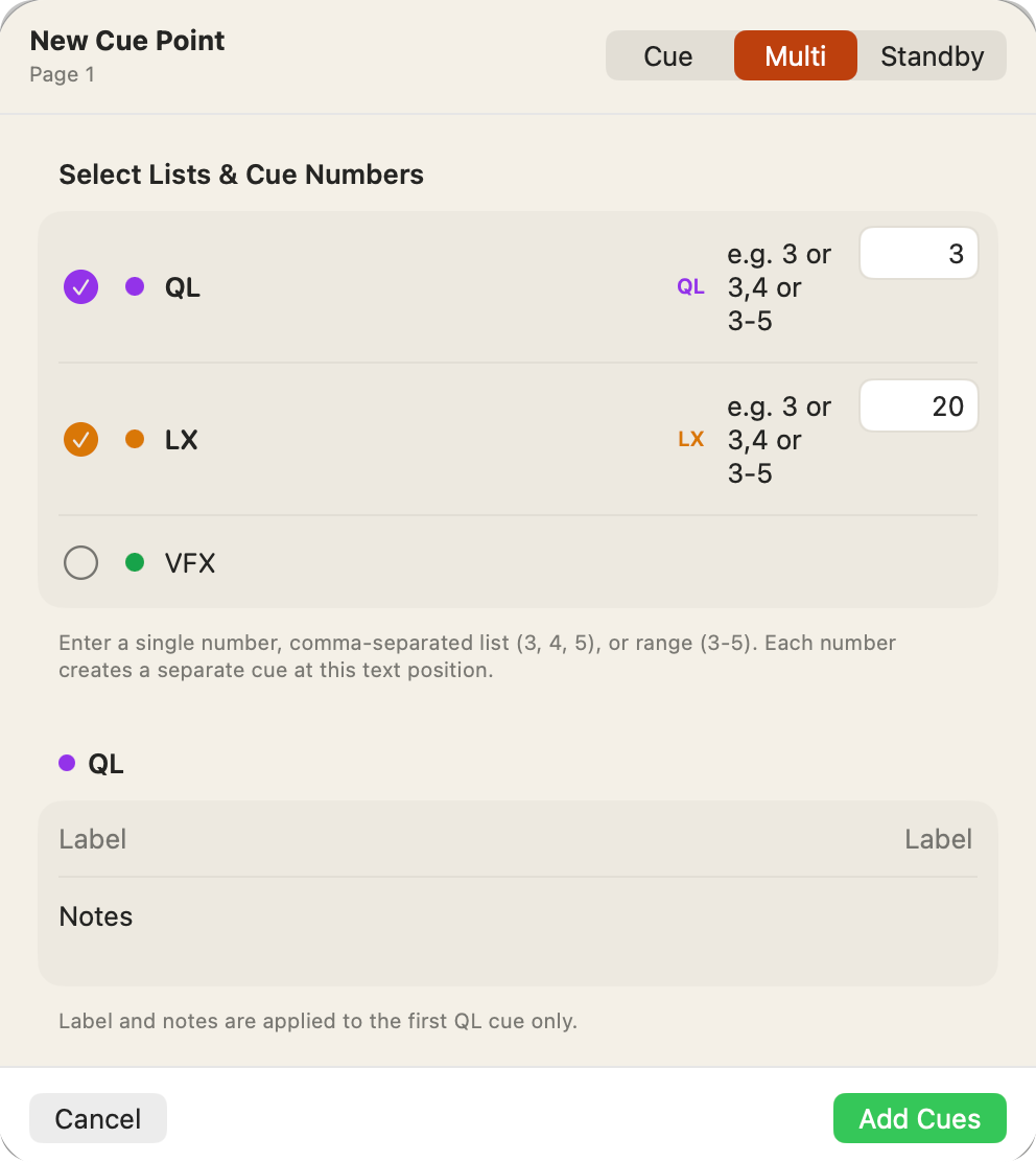 The Multi tab placing QL 3 and LX 20 at the same point