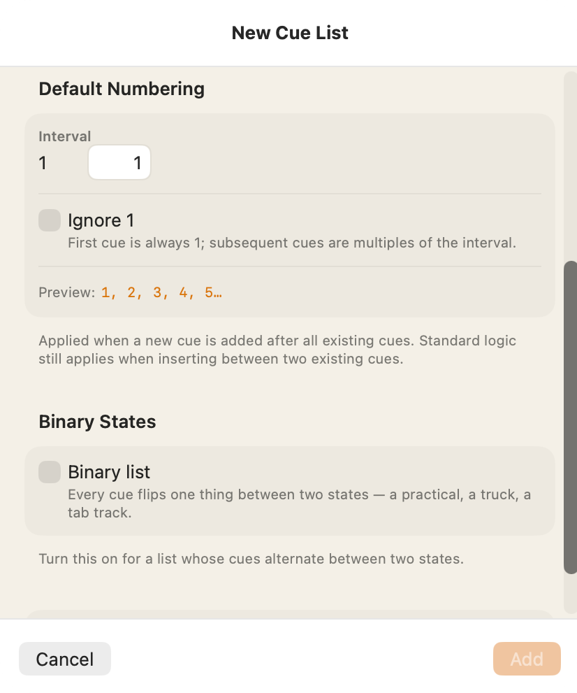Further down the New Cue List sheet: the numbering preview and the Binary list switch