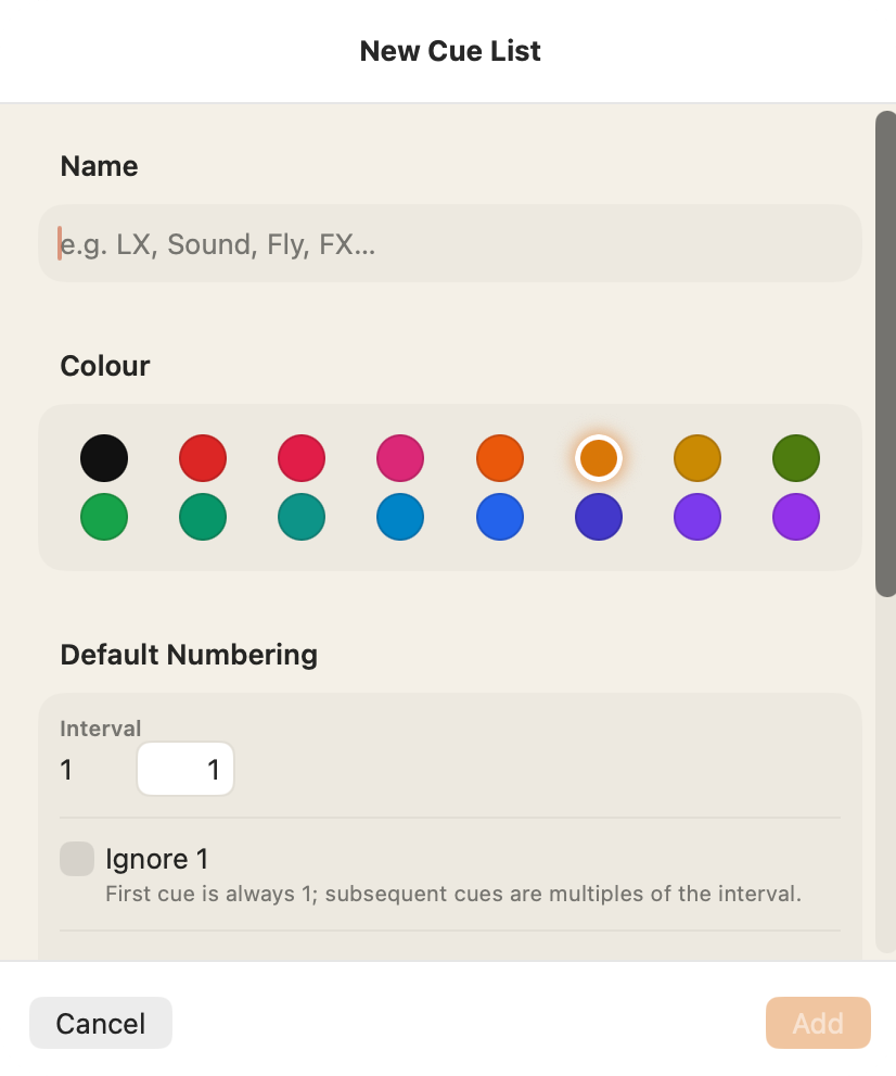 The New Cue List sheet: name, colour and default numbering