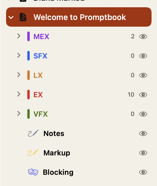 A script's cue lists and layers in the sidebar, each with its eye icon