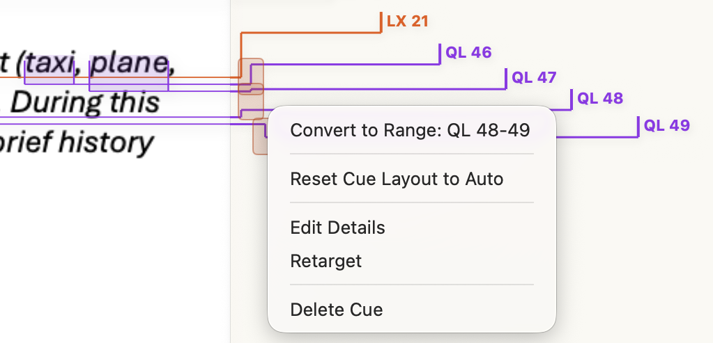 The right-click menu on a cue: Convert to Range, Reset Cue Layout to Auto, Edit Details, Retarget and Delete Cue