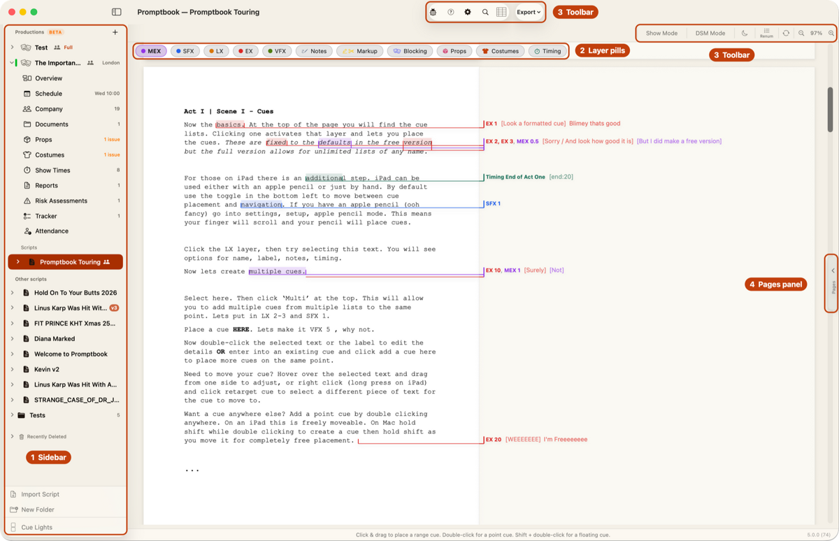 The Promptbook window with its four areas marked: 1 the sidebar, 2 the layer pills, 3 the toolbar, 4 the pages panel
