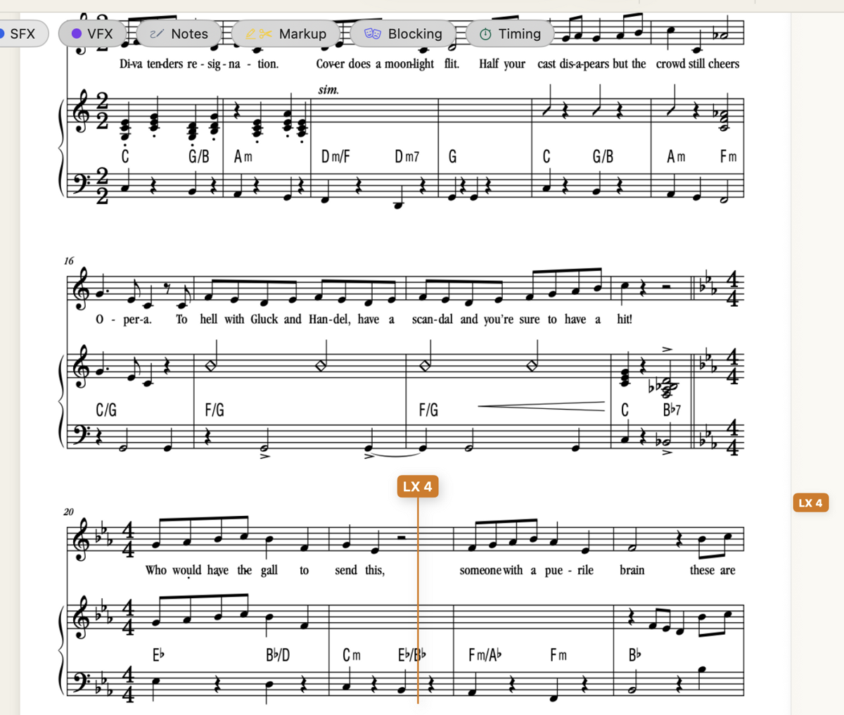 A score page with cue LX 4 as a vertical line through a stave system